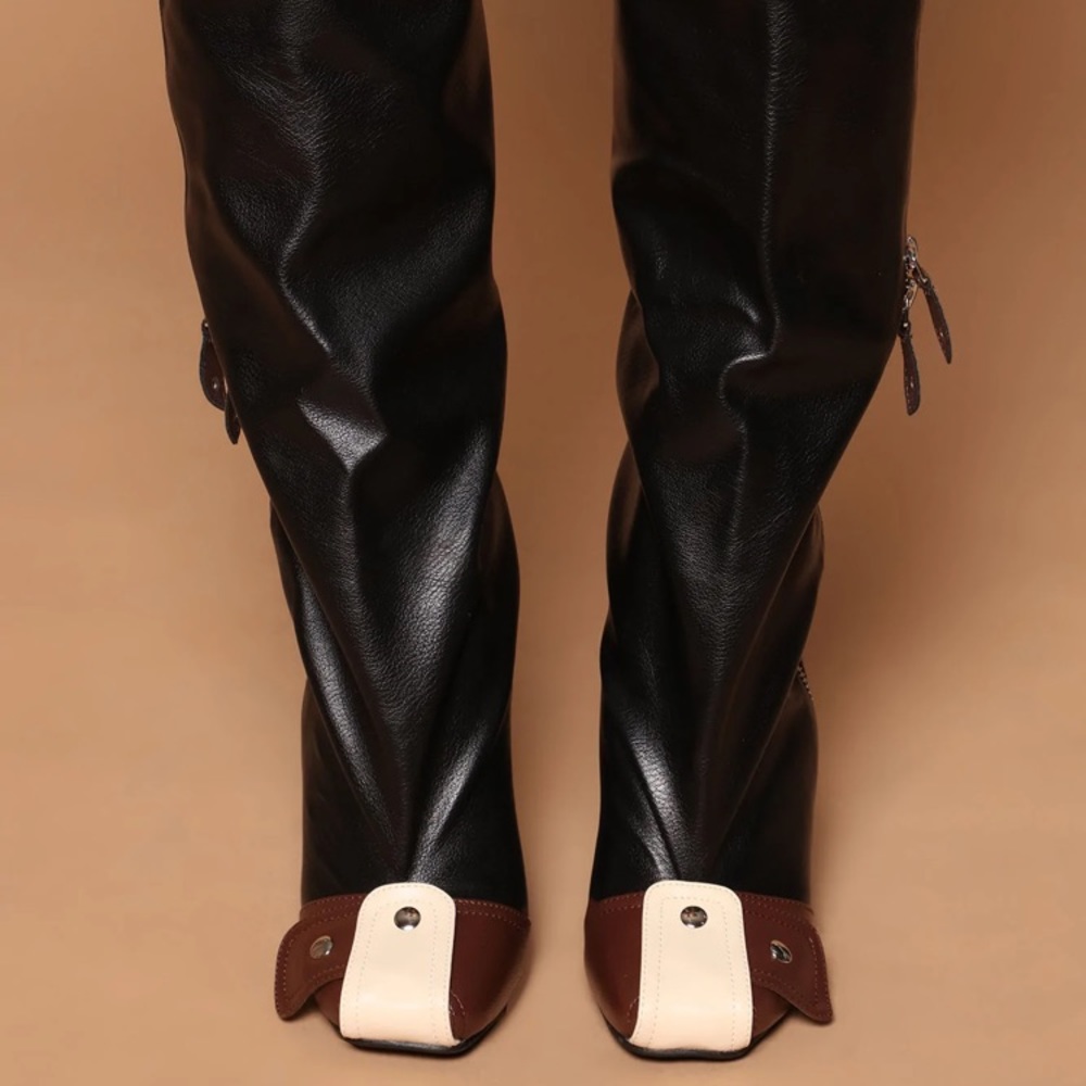 Black Leather Knee Boots with Blue Wedge Heel - Picture 4 of 10